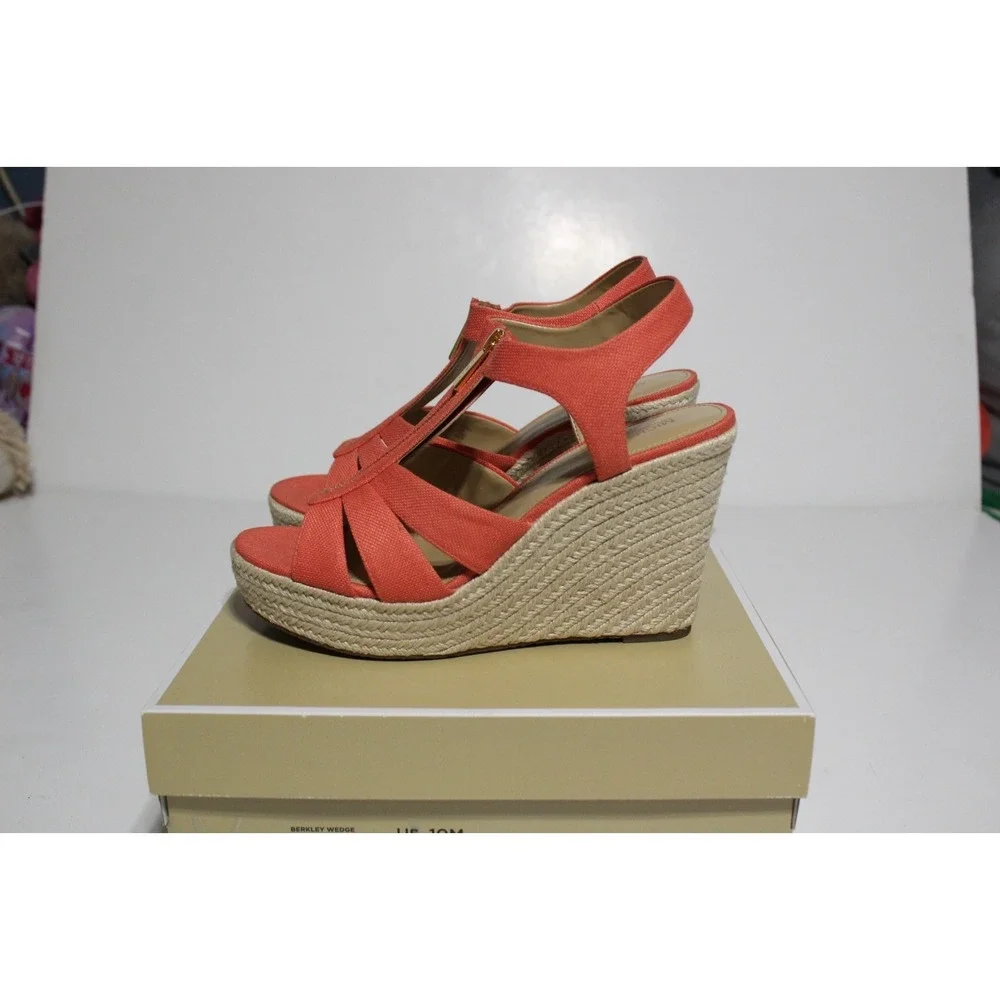 Michael Kors Berkley Womens 10 M Espadrille Pink Canvas Front Zip Wedge Sandal